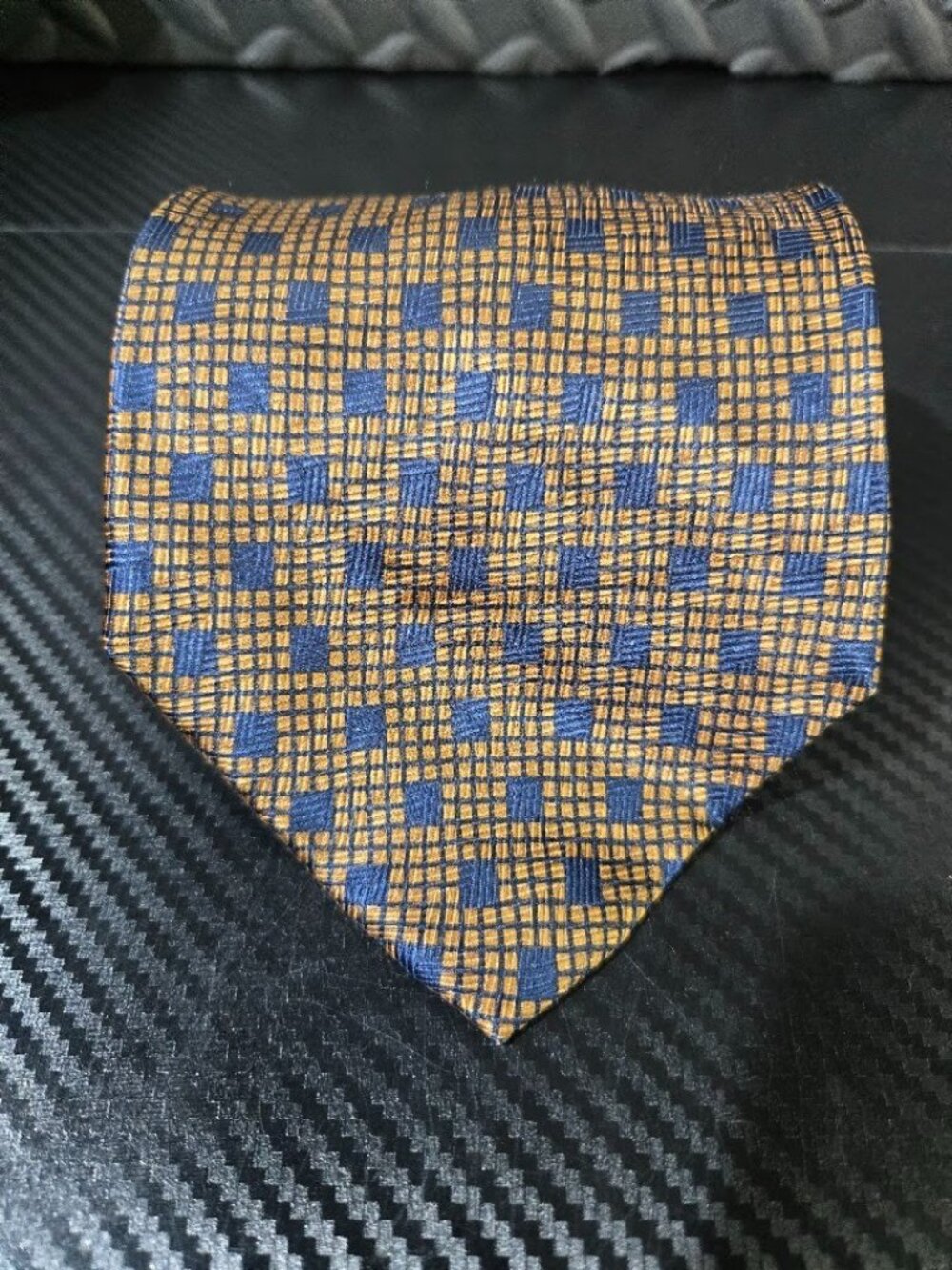 Tied&True Gold/Blue Geometric Patterned 100% Silk Tie Hand-made in Korea